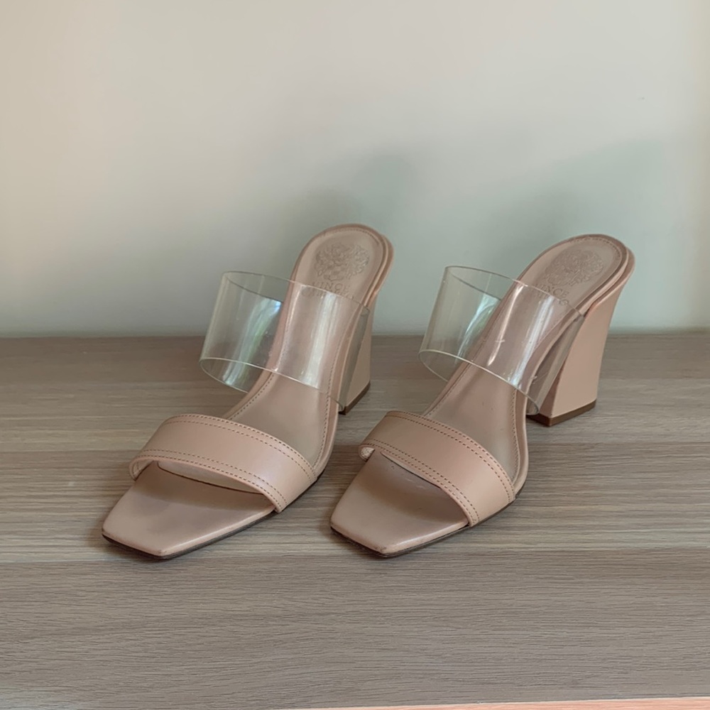Vince Camuto square toe clear/tan pump heel